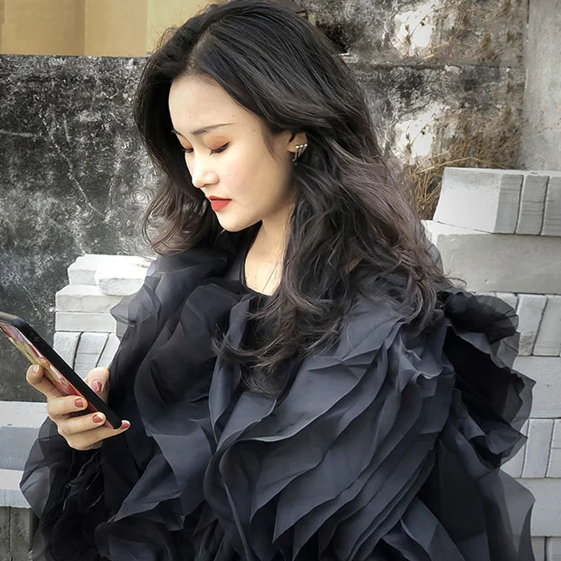 TWOTWINSTYLE Vintage Patchwork Ruffle Shirt For Women O Neck Lantern Long Sleeve Solid Elegant Blouse Female Fashion New Style