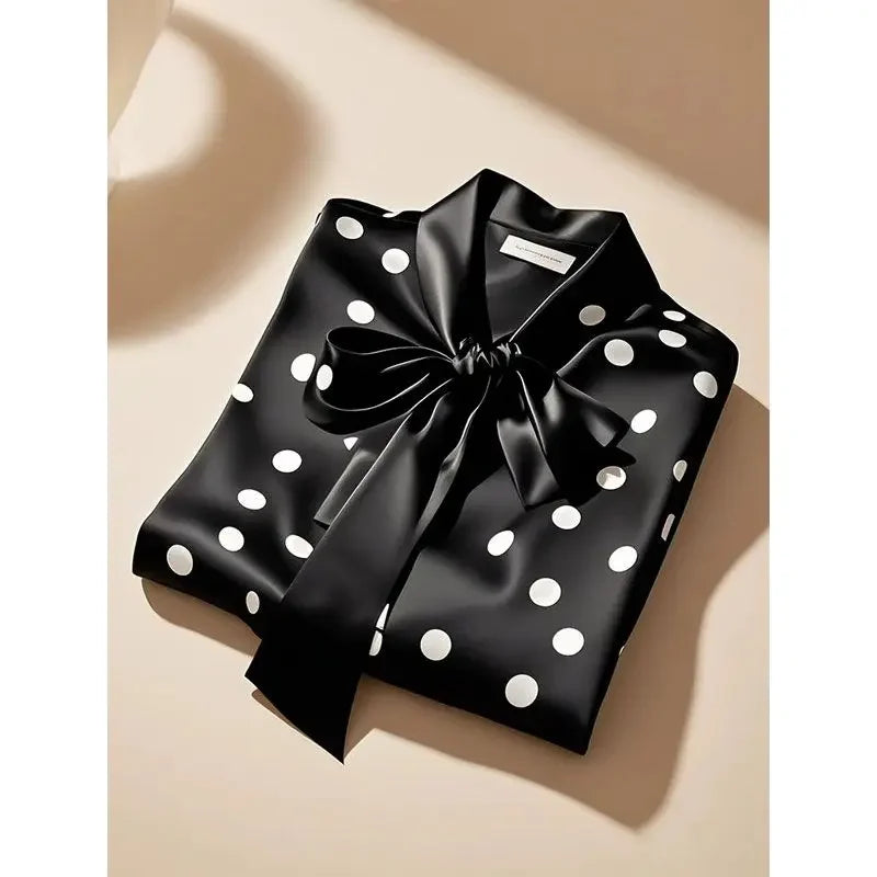 Women High Quality Satin Polka Dot Print Shirt Office Lady Business Casual Elegant Chic Blouse Lace-up Bow Long Sleeve Loose Top