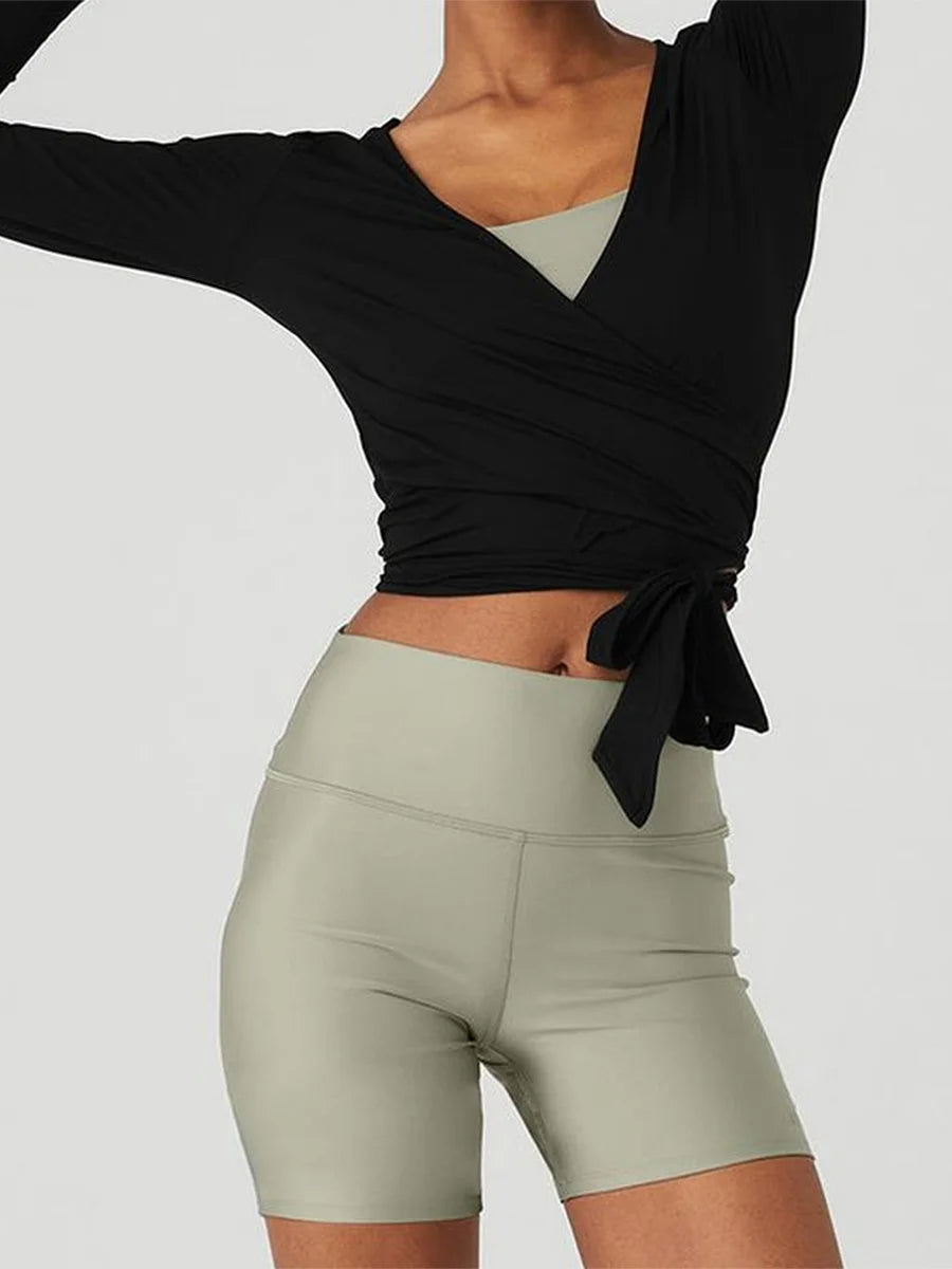 Women's Yoga Shirts Wrap Ruched Tie Front Long Sleeve Workout T Shirts Sexy Deep V Neck Slim Fit Casual Cropped Top