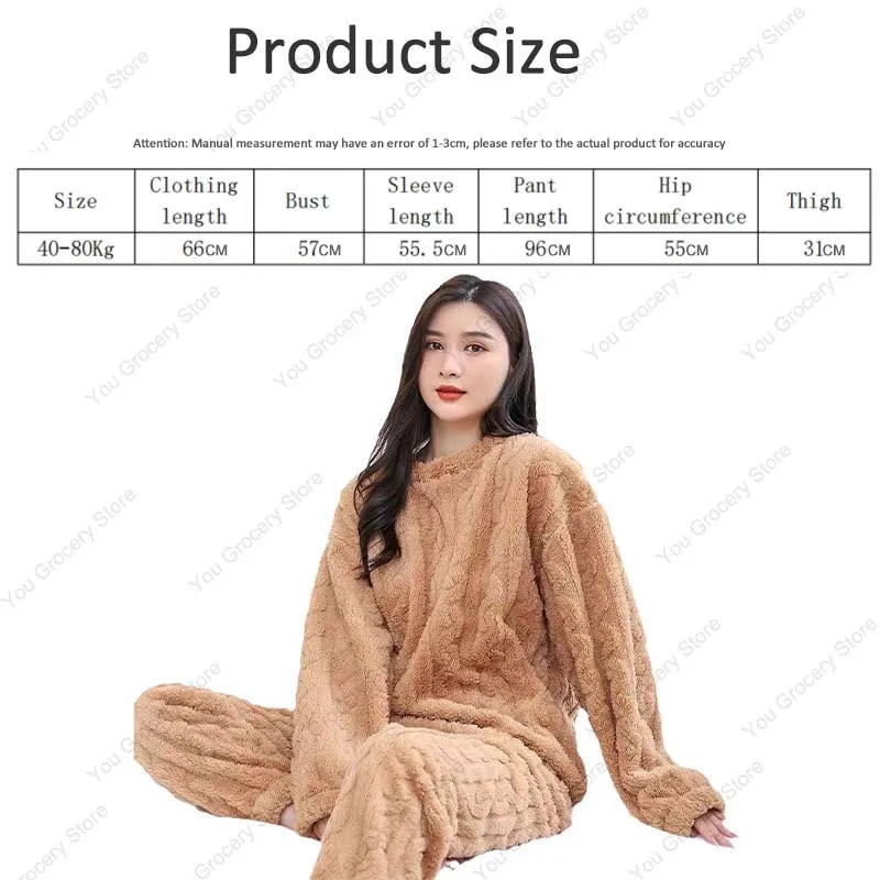 Autumn Women Solid Warm 1/2 Piece Sets Thicken Velvet Ribbed Fleece Set Pullover And Pants Women Casual Pajama Sets 2025