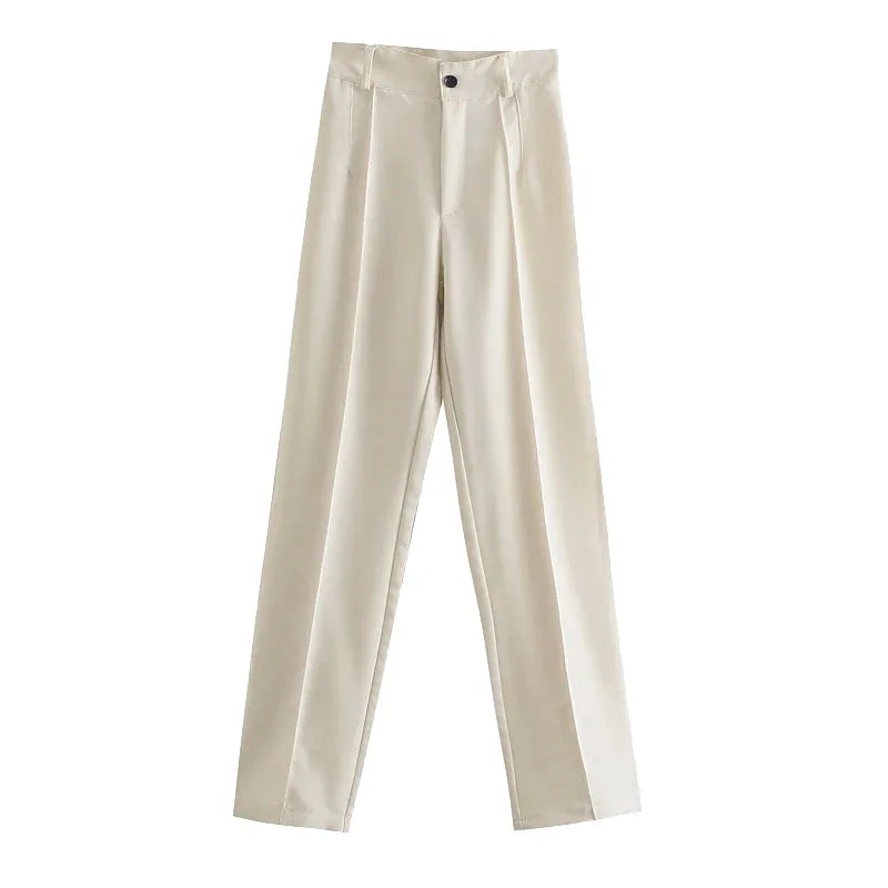 TRZA Women Chic Fashion Office Wear Straight Pants Vintage High Waist Zipper Fly Female Trousers Mujer