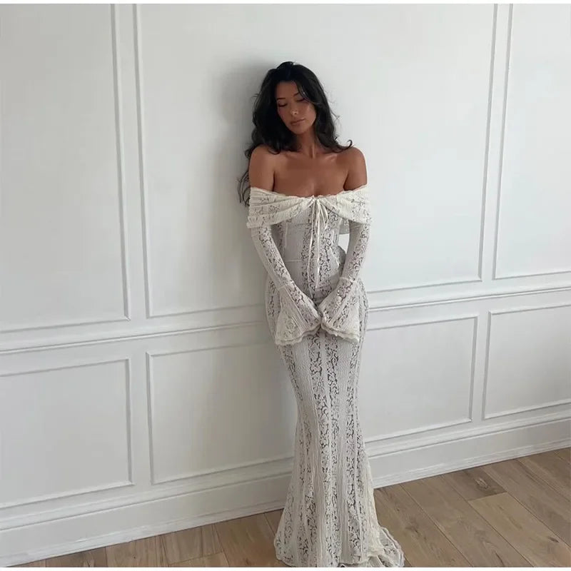 Elegant Cut Out Flared Long Sleeve Maxi Dress Women's Lace Up Hollow Out Off Shoulder Bodycon Vestidos 2025 Lady Outwear Vestido