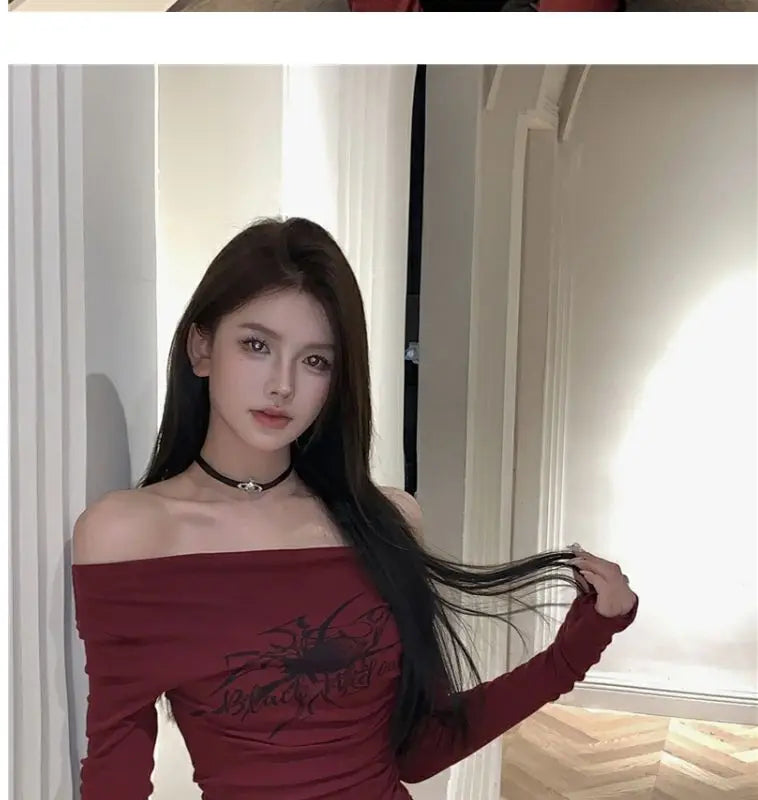 Women Y2K Gothic Grunge T Shirts Off Shoulder 2023 Autumn Streetwear Fairycore Hip Hop Tops Punk Casual Tees Female Clothes
