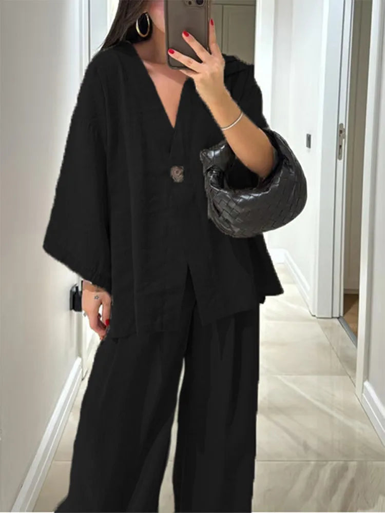 Women Classic Solid Wide Leg Pants Suits Summer Fashion V-neck One Button Loose Blouse Sets Casual Female Daily Streetwear 2025