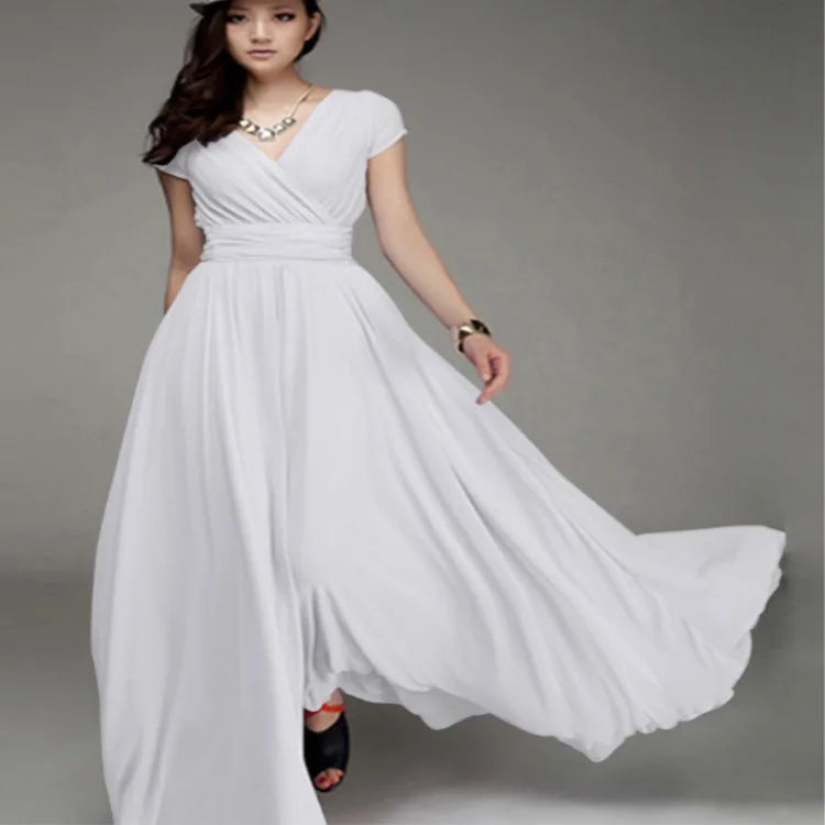 Women's Short-Sleeved Chiffon Evening Dress, Female Party Dress, Monochromatic, Bohemian, Long, Elegant, New, 2022