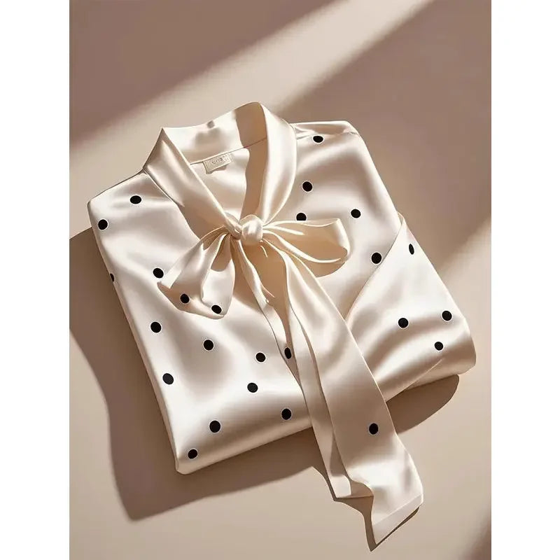 Women High Quality Satin Polka Dot Print Shirt Office Lady Business Casual Elegant Chic Blouse Lace-up Bow Long Sleeve Loose Top