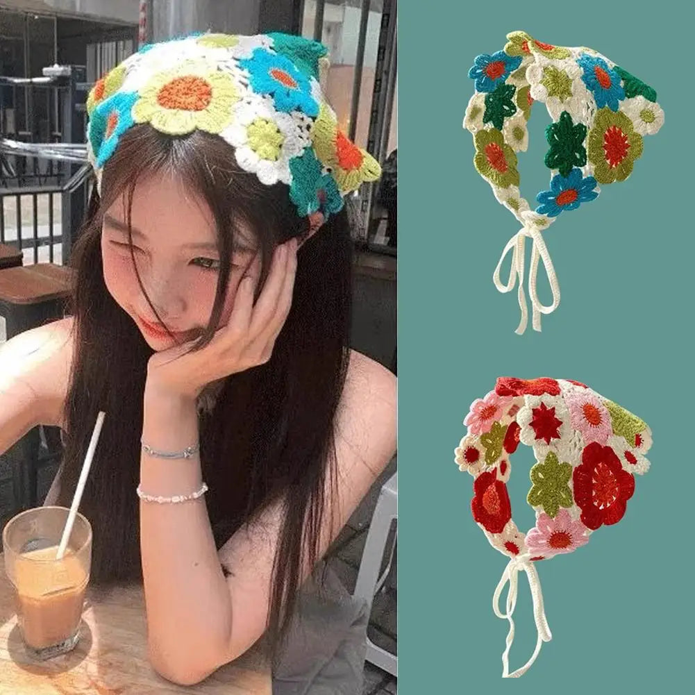 Korean Sweet Cute Handmade Crochet Hollow Triangle Headband Towel Women Spring and Summer Travel Literary Photo Hair Scarf