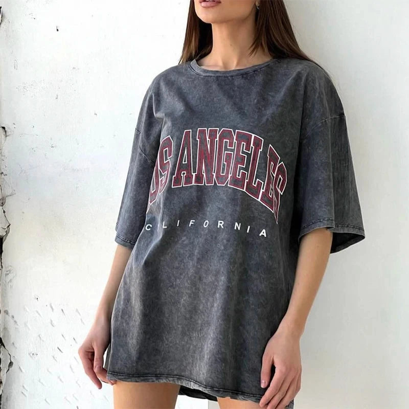 Cotton Washed T-shirt for Women New Attitude Fashion Leopard Prints Tops Loose O-Neck Oversized Short Sleeve Y2k Female Clothes