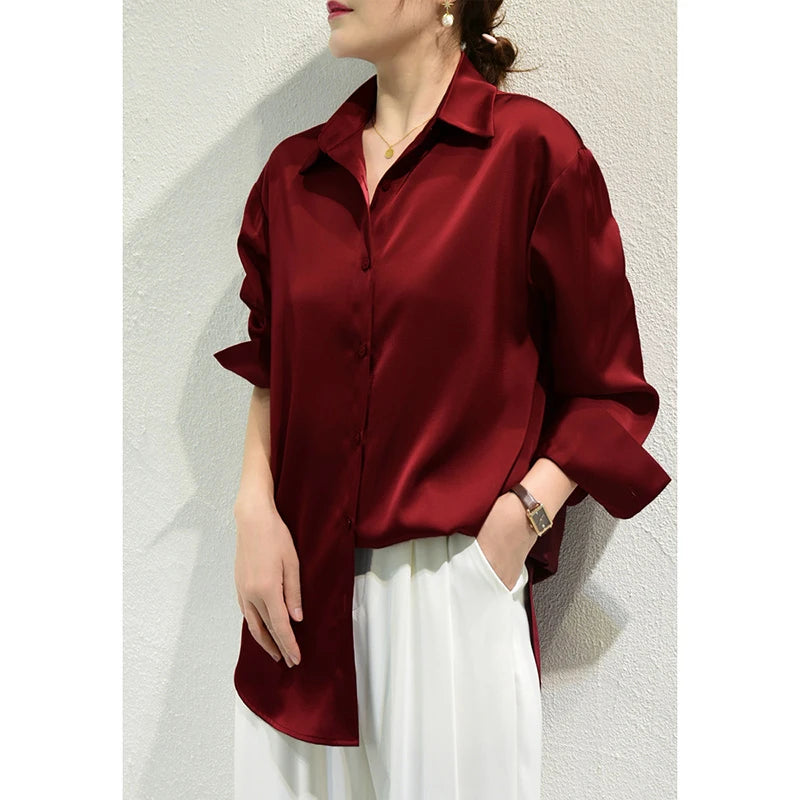 French Elegant Women Satin Glossy Shirt Summer Solid Loose Long Sleeve Blouses Office Lady's All-Match Shirt Vintage Casual Top