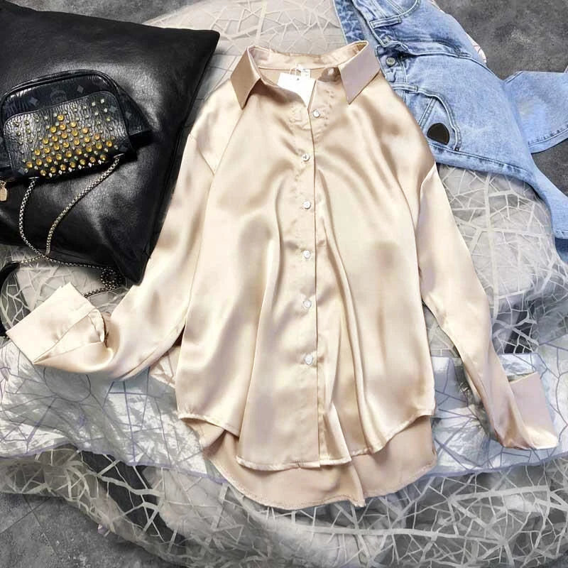 Autumn Casual Women's Satin Shirt All-Match Basic Solid Color Office Lady's Top Trendy Multicolor Shirts And Blouses Chic Top