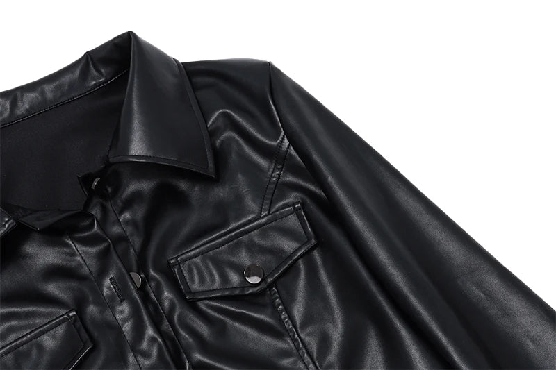 Xeemilo Autumn Faux Leather Short Jacket Y2K Turn-down Collar Fashion Botton Decoration PU Coat 2022 Grunge Street Casual Coats