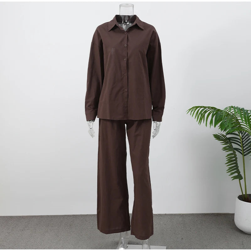 Classic Solid Shirt Pants Set Women Casual Loose Long Sleeved Lapel Elastic Waist Two Piece Suit 2025 New Summer Street Outfit