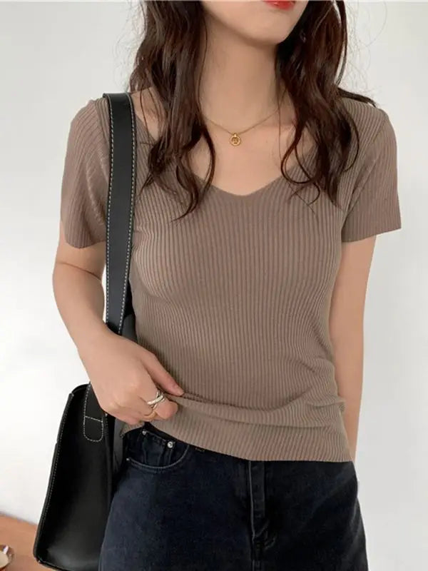 AOSSVIAO 2025 Basic V-neck Solid Thin Summer Pullover Women Female Knitted Ribbed Sweater Slim Short Sleeve Bodycon Sweater