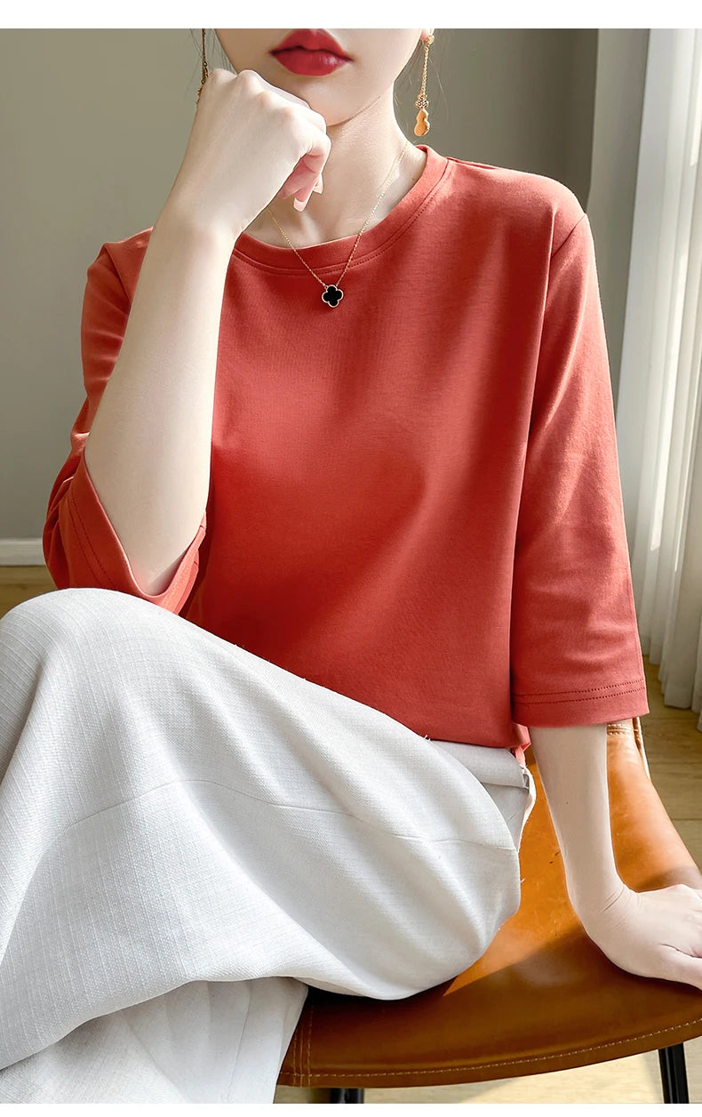 Spring And Summer New White Mercerized Cotton Short Sleeve T-Shirt Feminine Joker Cotton Cropped Sleeve Bottoming Shirt