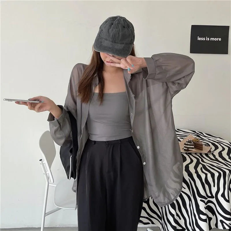 Xpqbb Women's White Chiffon Shirt Sheer Thin Long Sleeve Sun Protection Blouse Woman Casual Loose Simple Single-breasted Shirts