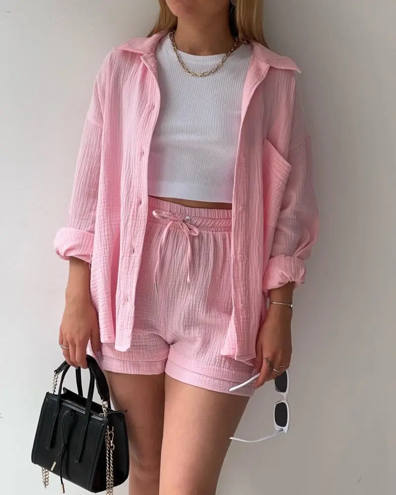 Solid Color Casual Loose Short Pants Sets For Women 2025 Elegant Summer Women's Two Pieces Suit Full Set Female Outfit Clothes