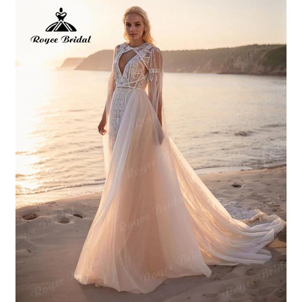 Hippie Flowy Lace Boho Bohemian Backless Wedding Dress with Cape 2025 Customzied Bridal Gown for Women robe mariée bohème Elopem