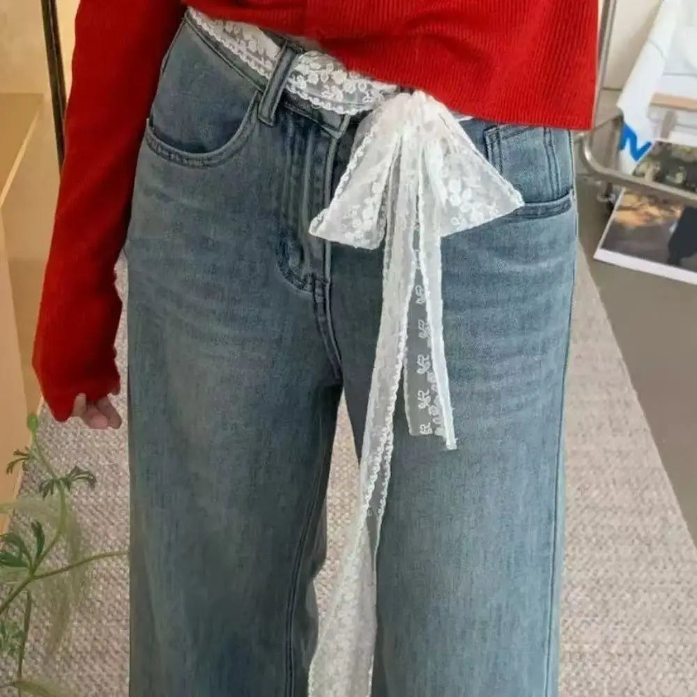 Unique Y2k Long Lace Waistband Bow Thin Lace Waist Belt Floral Tie Up Dress Jeans Belt Streetwear