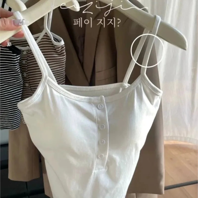 White Stripe Small Cami Women Autumn Gyaru Sexy Button Slim fit Short With Chest Pad Top NS5861