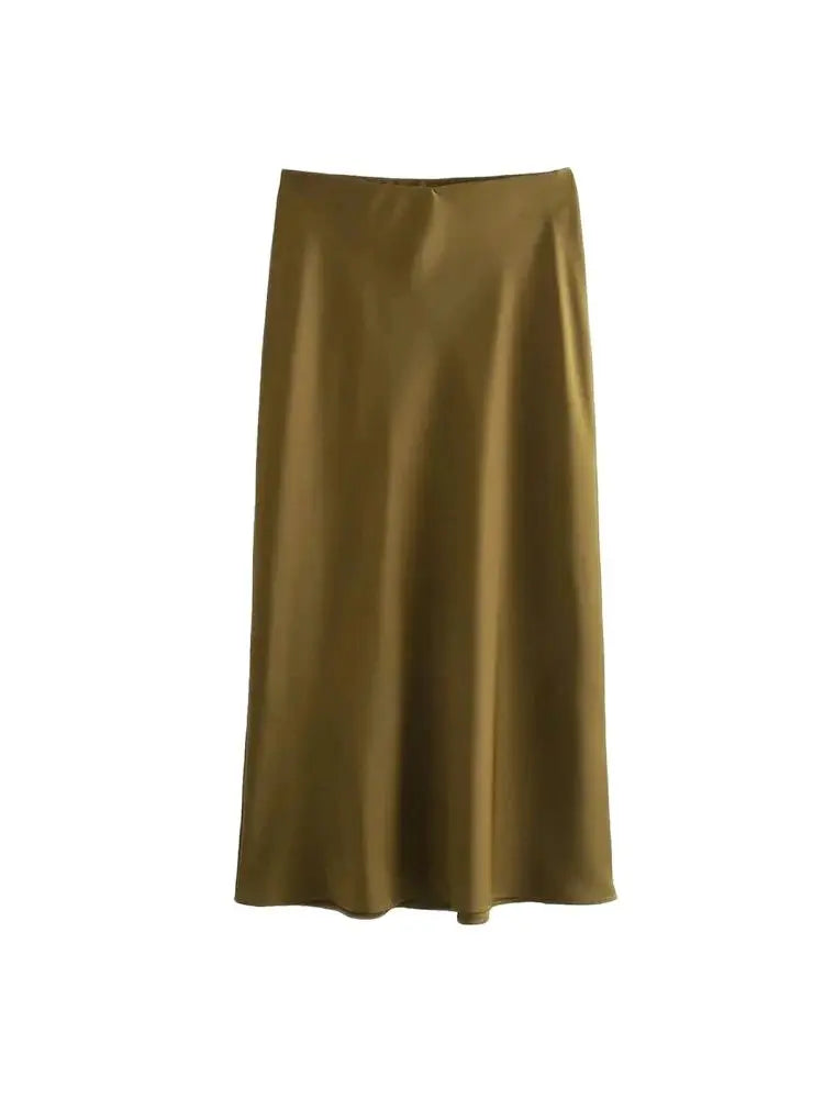 TRZA Women's Soft Touch Silk-Like Midi Skirt High Waist Elastic Waistband Chic Fashion Female Skirts Elegant Mujer