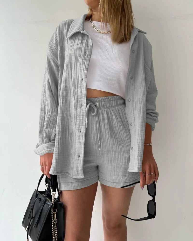 Solid Color Casual Loose Short Pants Sets For Women 2025 Elegant Summer Women's Two Pieces Suit Full Set Female Outfit Clothes
