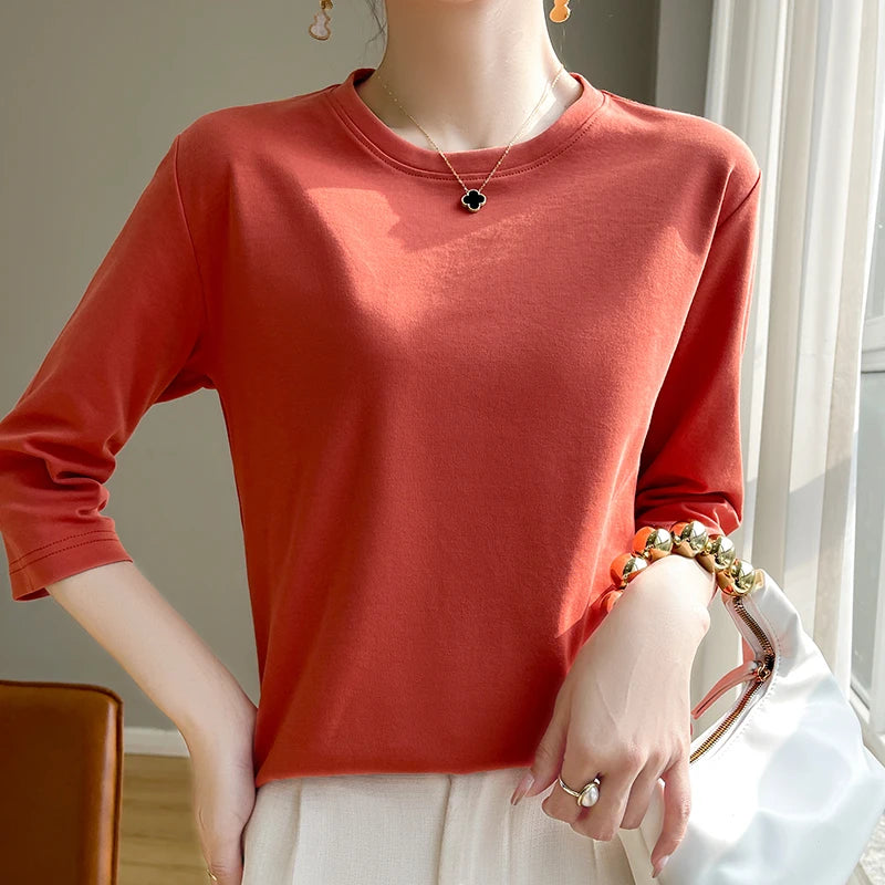 Spring And Summer New White Mercerized Cotton Short Sleeve T-Shirt Feminine Joker Cotton Cropped Sleeve Bottoming Shirt