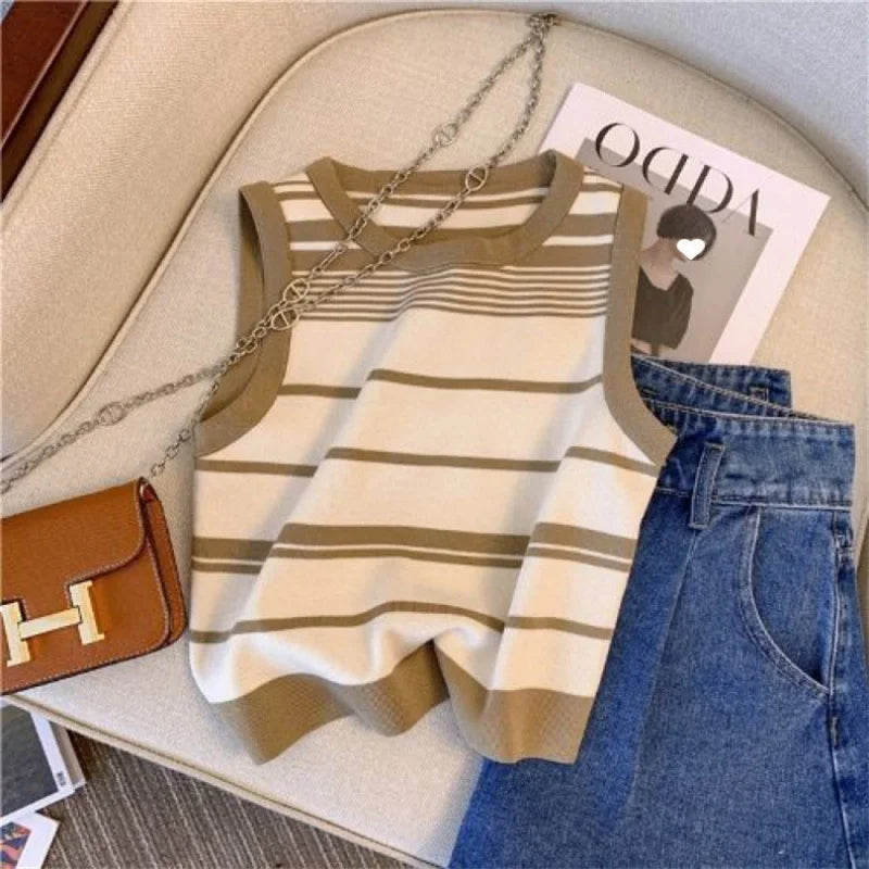 Knitted striped camisole women's summer outer wear French off-shoulder short sleeveless top versatile and trendy