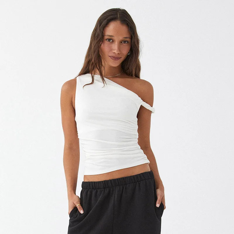 Simple Basic Casual Summer Tank Top Sleeveless Solid Color Off Shoulder Side Ruched Crop Tops Vestidos Spring Women T S