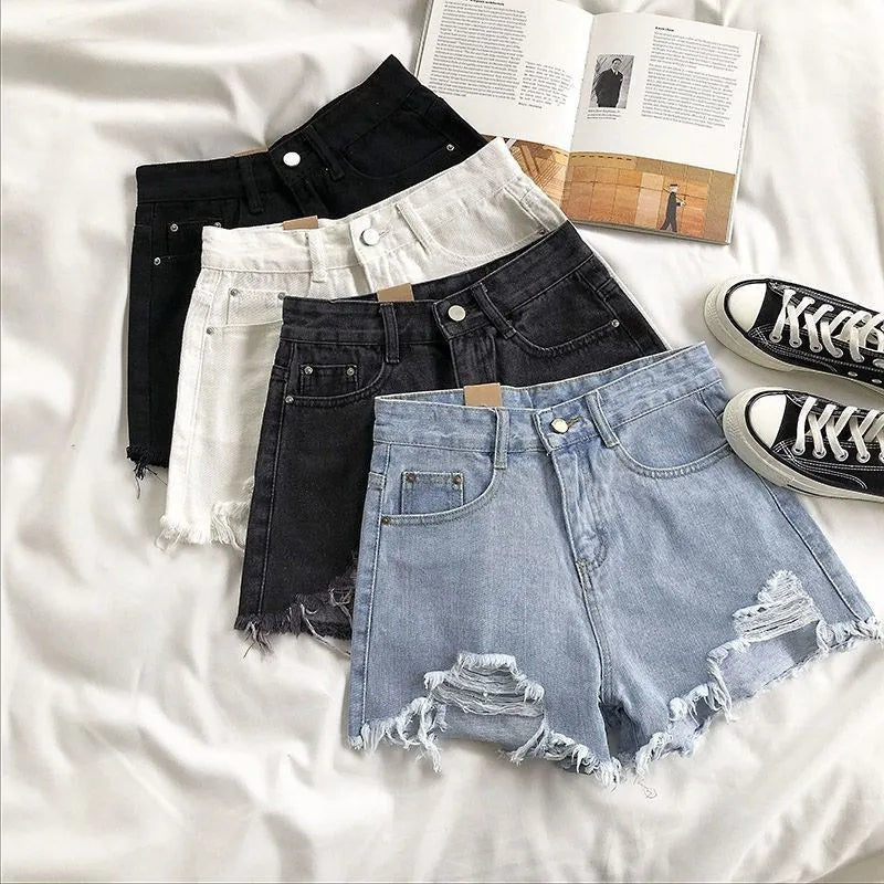 Y2K Vintage Tassel Denim Shorts Fashion Women High Waist Ripped Pocket Korean Jeans Casual Streetwear Blue Solid Hot Trousers