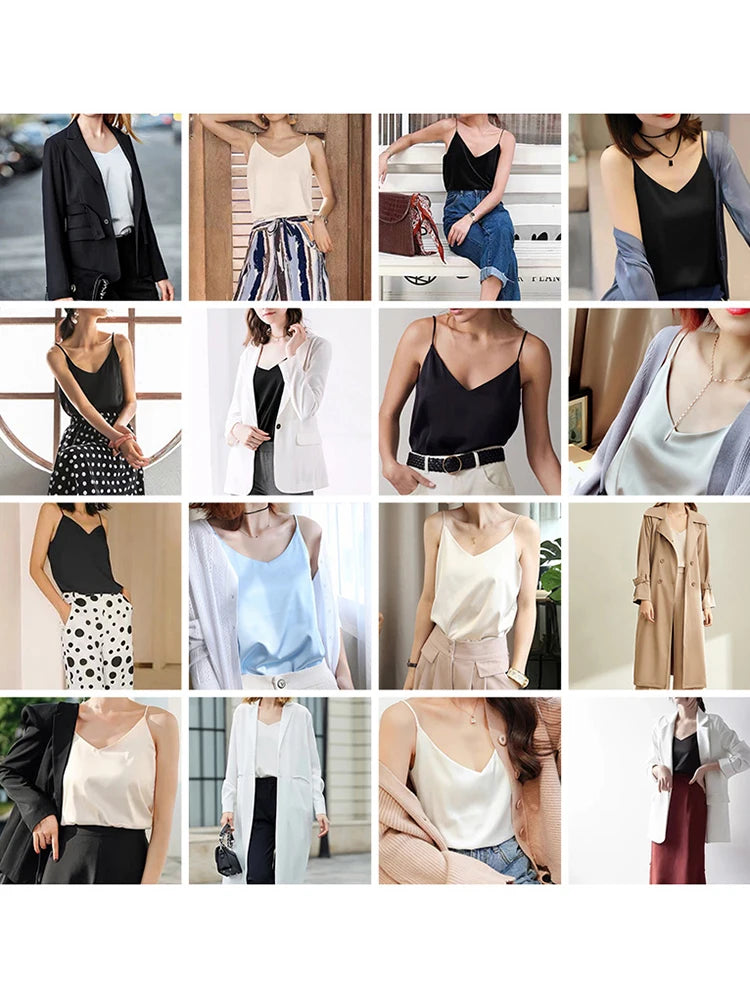 AOSSVIAO 2025 Spaghetti Strap Top Women Halter V Neck Basic White Cami Sleeveless Satin Silk Tank Tops Women'S Summer Camisole