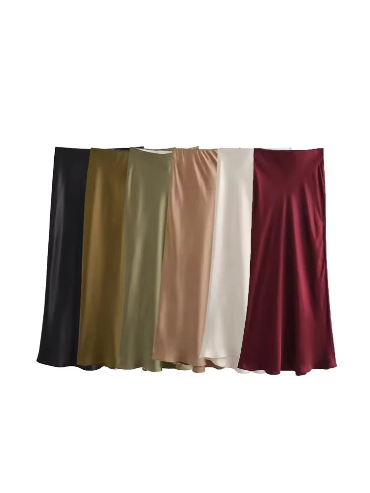 TRZA Women's Soft Touch Silk-Like Midi Skirt High Waist Elastic Waistband Chic Fashion Female Skirts Elegant Mujer