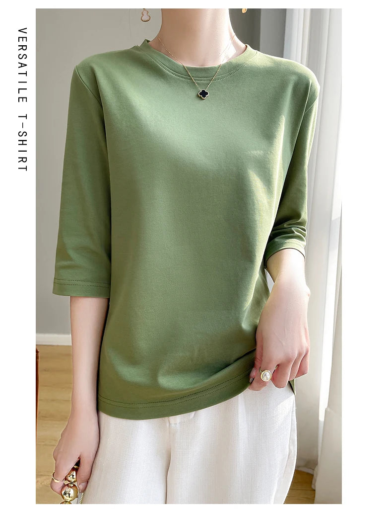 Spring And Summer New White Mercerized Cotton Short Sleeve T-Shirt Feminine Joker Cotton Cropped Sleeve Bottoming Shirt