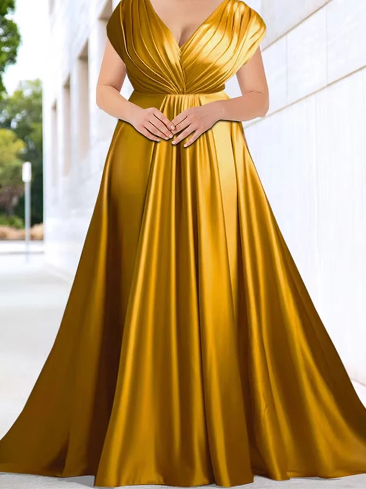 Women's Plus Size V Neck Short Sleeve Evening Party Dress Temperament Solid Colour Long Cocktail Satin High Waist Summer Dresse