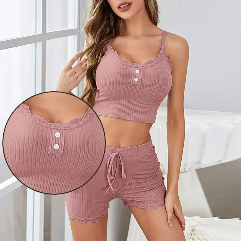 Women's Ribbed Knitted Two-Piece Pajama with Exposed Navel Lace Camisole Vest and Shorts Pajama Set for Casual Home Use
