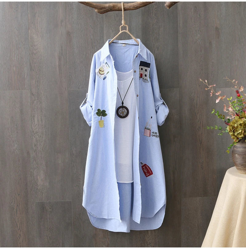 Women Cotton Embroidery Loose Long White Shirts 2025 Spring Autumn New Casual Office Lady Blouse Female Top Loose shirt