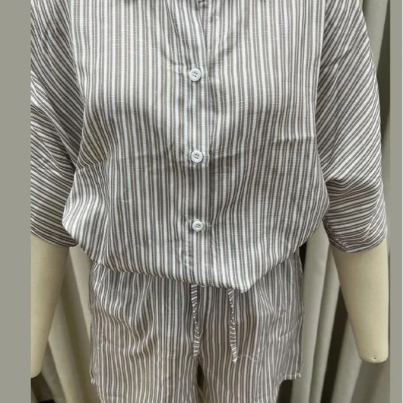 Women Elegant Stripes Cotton Linen Loose Shirt Shorts Suits Fashion Lapel Half Sleeves Elastic Waisted Shorts Summer Lady Outfit