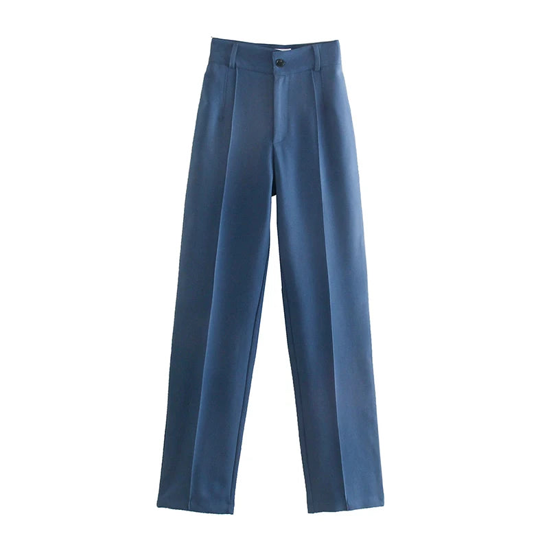 TRZA Women Chic Fashion Office Wear Straight Pants Vintage High Waist Zipper Fly Female Trousers Mujer