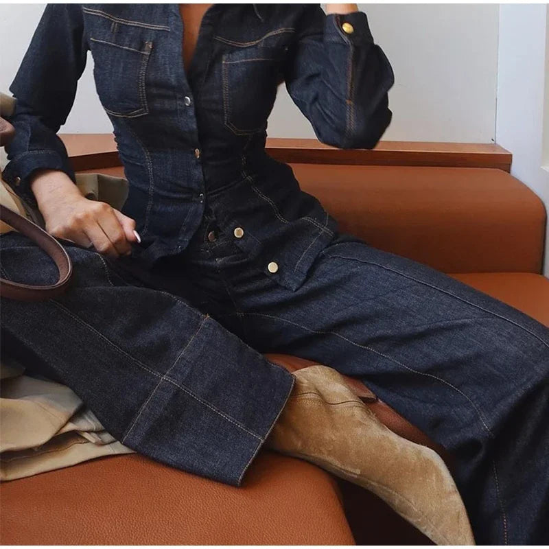 Women Two Pieces Set Denim Pant Sets Single Breasted Long Sleeve Belt Coat Wide Leg Trousers Jeans Female 2 Pieces Outfits