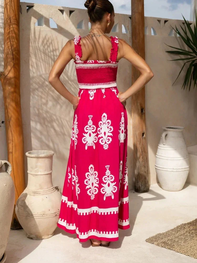 2025 Summer Fashion New Women's Bohemian Style Dress Beach Vacation Printed Strap Fold A-line Length Dress