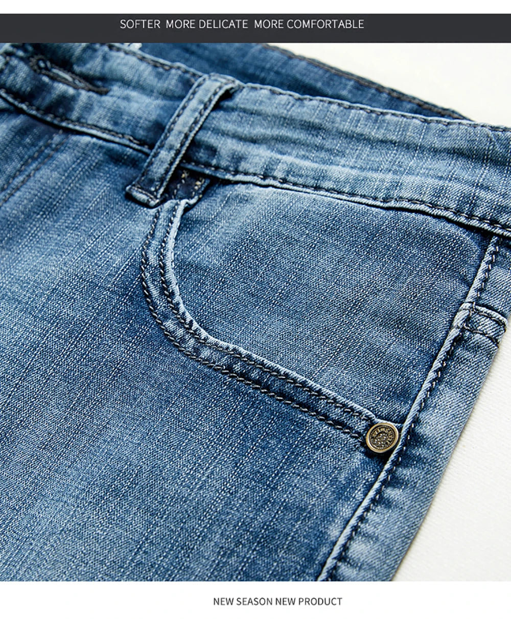 Summer Classic Shorts Jeans Men Denim Pants Straight Stretch Casual Cool Thin Knee Length Blue Fashion Brand Daily Trousers