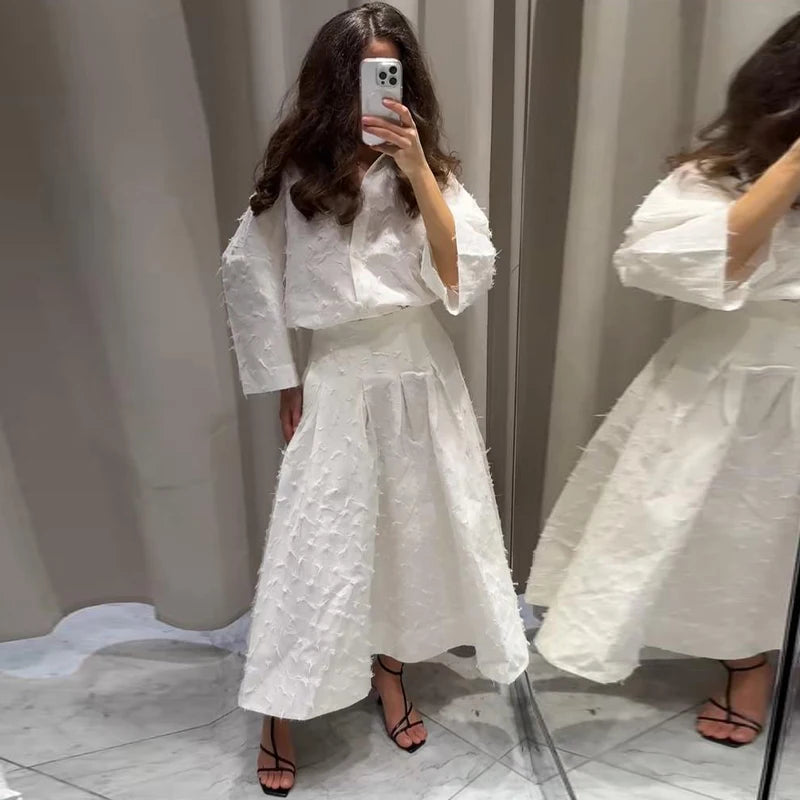Elegant Shirt Skirt Set Women Lapel Long Sleeve Loose T-shirt High Waist Pleated Long Skirts Suits 2025 Summer Street Lady Sets