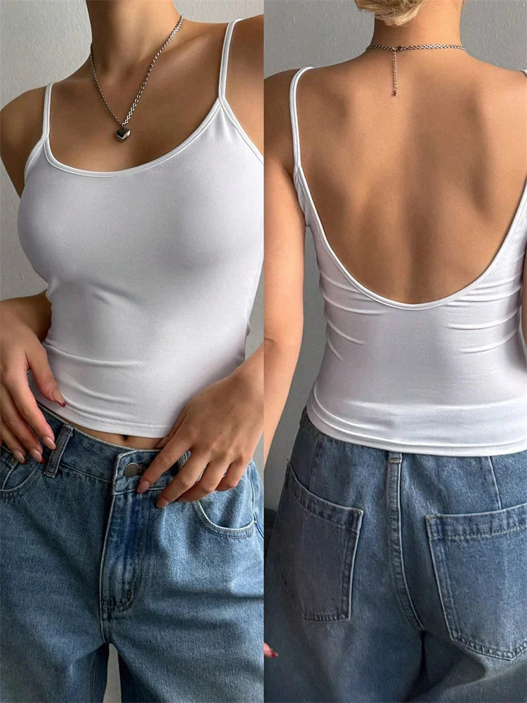 Women Backless Cami Crop Top Summer Solid Color Casual Sleeveless Top Streetwear Y2K Clothes