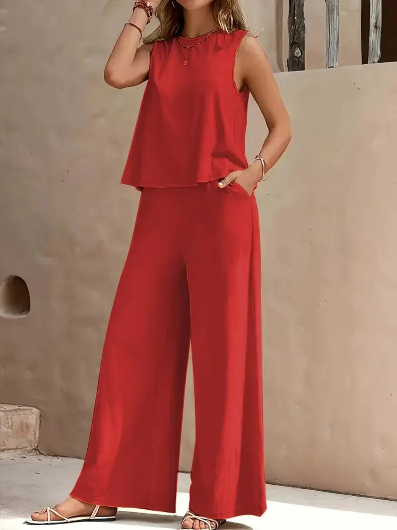 QX Womens Sleeveless Summer 2025 Pants Suit Flash Sale Solid Color Elegant Two Piece Round Neck Suit
