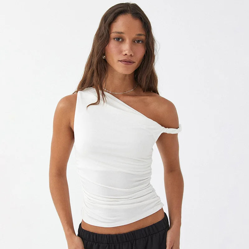 Simple Basic Casual Summer Tank Top Sleeveless Solid Color Off Shoulder Side Ruched Crop Tops Vestidos Spring Women T S