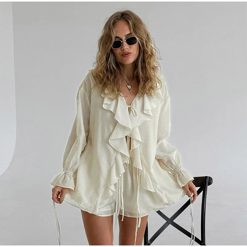 Fashion Solid Women 2 Piece Set Casual Flare Sleeve Lotus Leaf Edge Lace Up Mesh Sheer Shorts Suit 2025 New Lady Commute Outfit