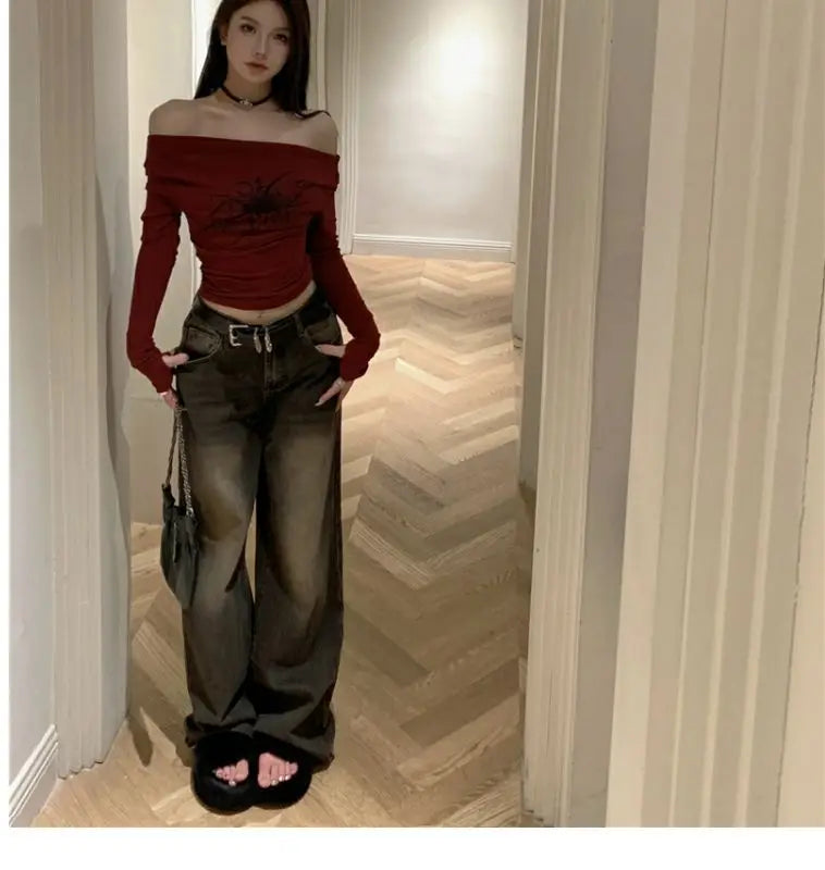 Women Y2K Gothic Grunge T Shirts Off Shoulder 2023 Autumn Streetwear Fairycore Hip Hop Tops Punk Casual Tees Female Clothes