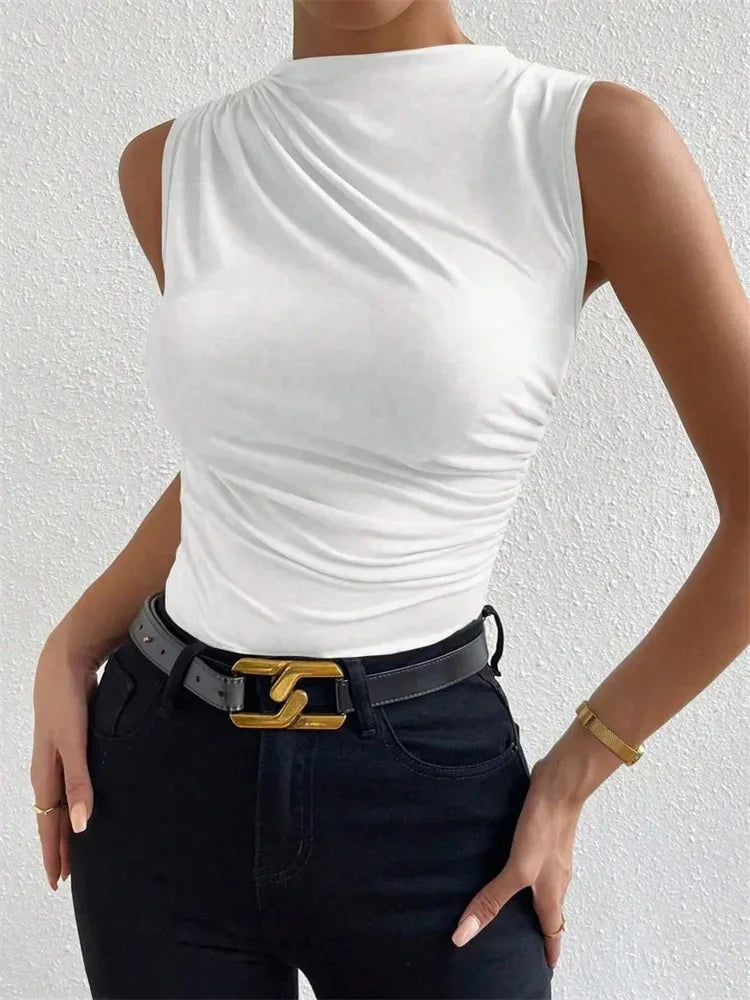 Women's Casual Mock Neck Ruched Tank Top Summer 2024 Solid Color Slim Fit Pleated Sleeveless T Shirt Tee Tshirt Streetwear