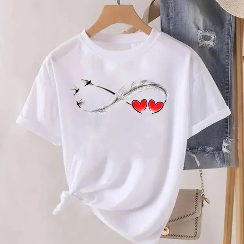 Love Heart Feather Trend Women Fashion Clothing Graphic T-shirts Clothes Print Female Shirt Short Sleeve Lady Casual Tee