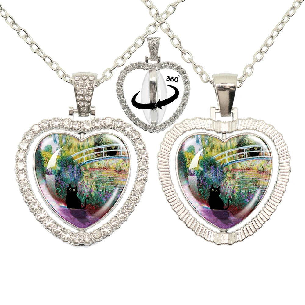 Lovely Little Cat Glass Cabochon 360 Degree Rotating Heart Shaped Pendant With Double-Sided Necklace For Girls' Birthday Gift Je
