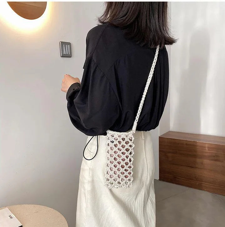 Women Fashion Small Crossbody Phone Bag Solid Color Hollow-out Woven Crochet Lightweight Braided Shoulder Handbag Crossbody Bags